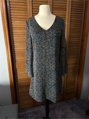 CAbi Blue and Brown Floral V-Neck A-Line Dress